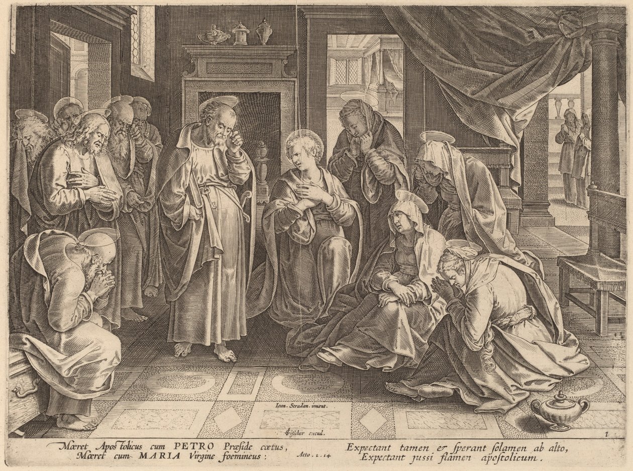 Apostlenes og kvindernes møde i det øverste rum af Philip Galle after Jan van der Straet