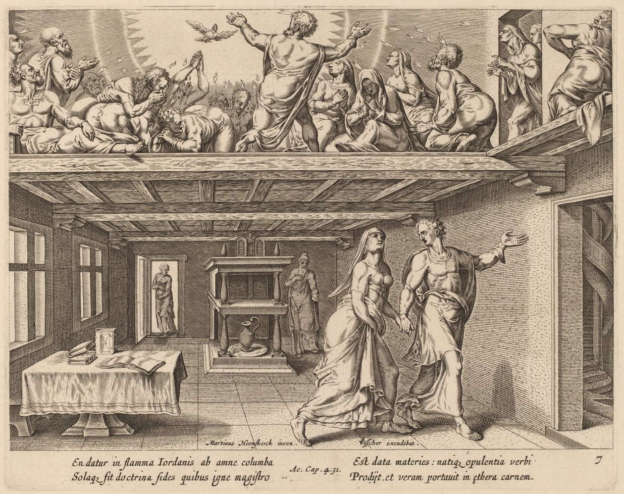 Og de var alle fyldt med Helligånden af Philip Galle after Maerten van Heemskerck