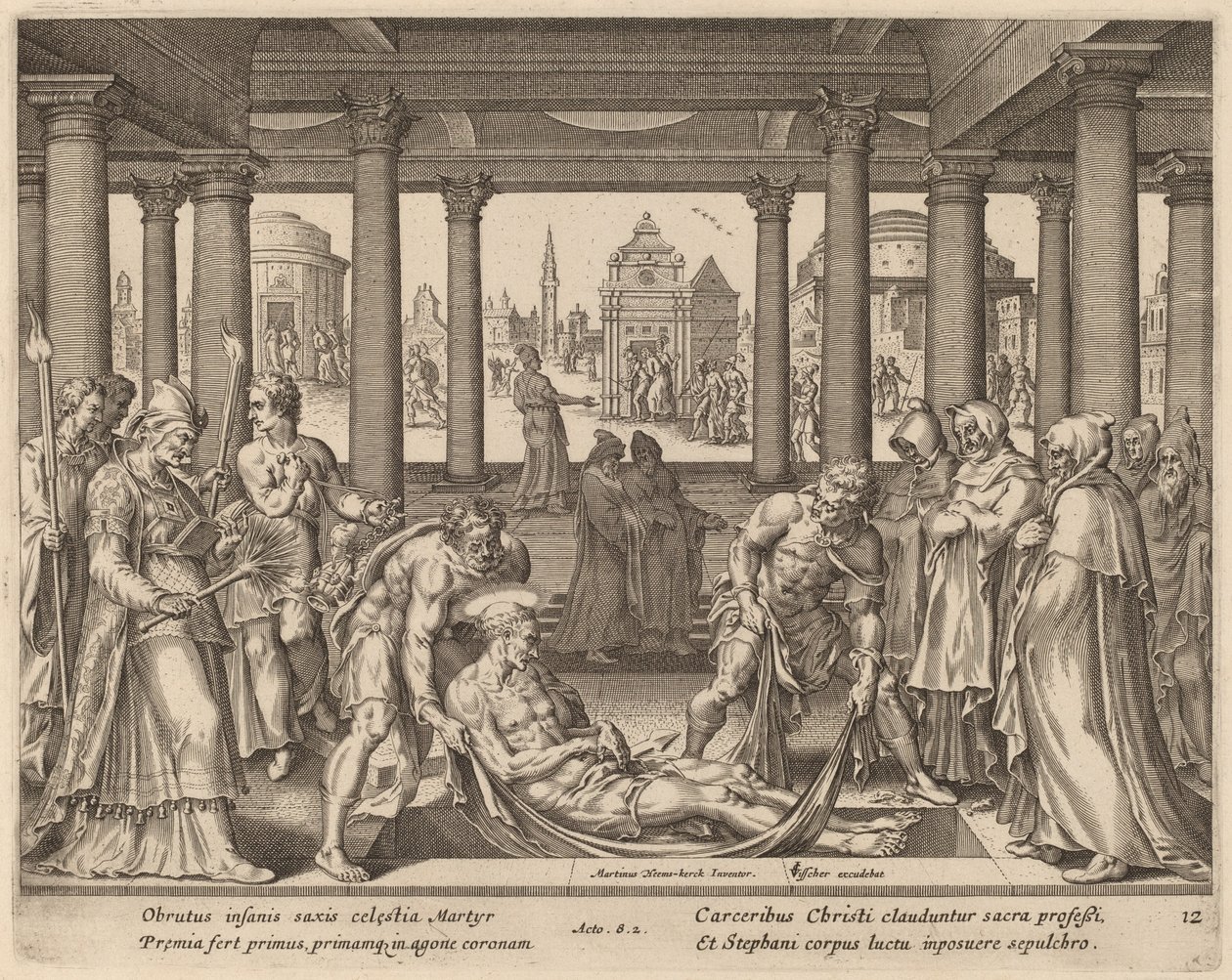 Troende mænd, der bærer den hellige Stefanus til hans begravelse af Philip Galle after Maerten van Heemskerck