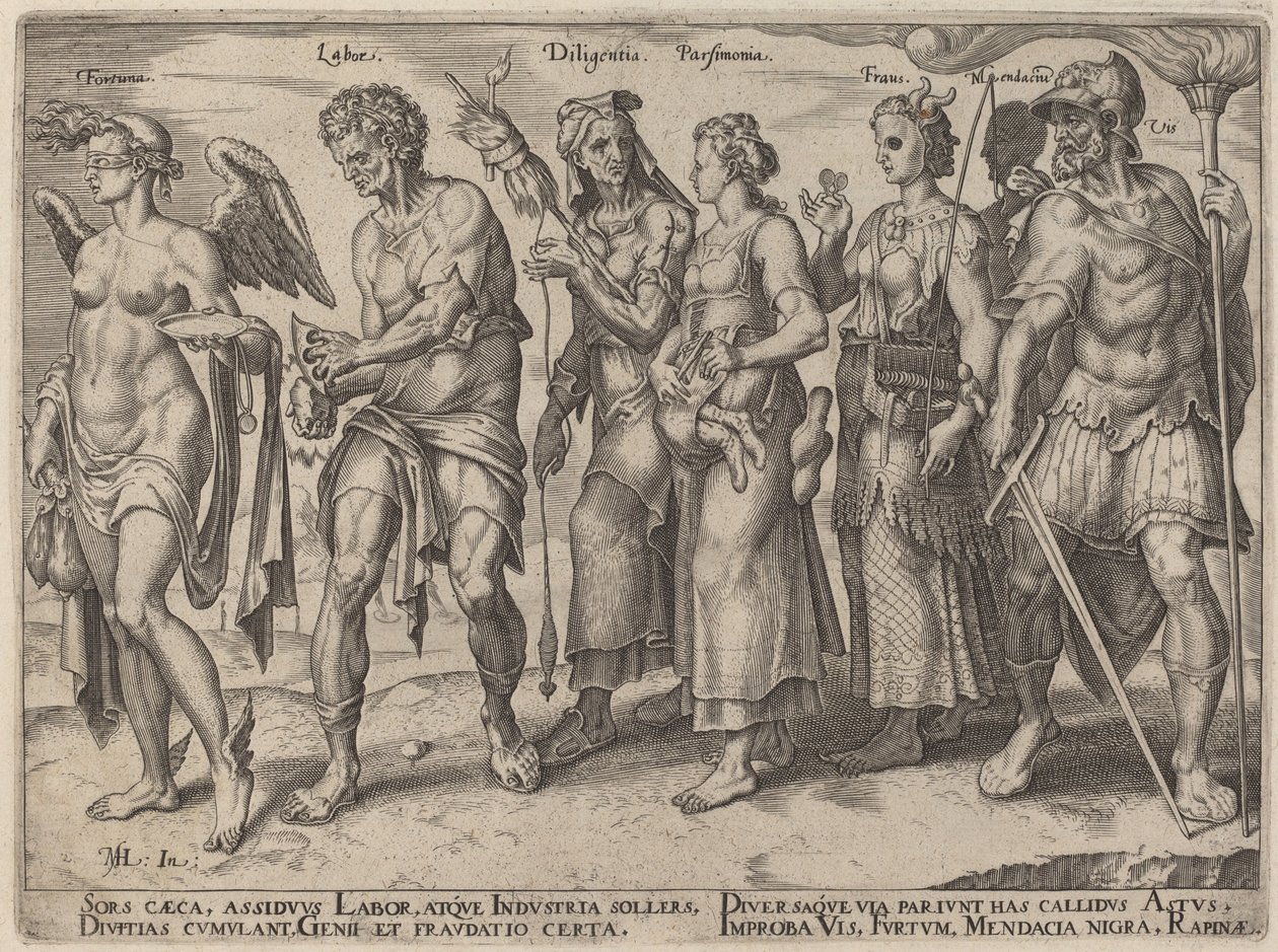 Held, arbejde, flid, sparsommelighed, bedrageri (ærlige og uærlige måder at blive rig på) af Philip Galle, after Maerten van Heemskerck