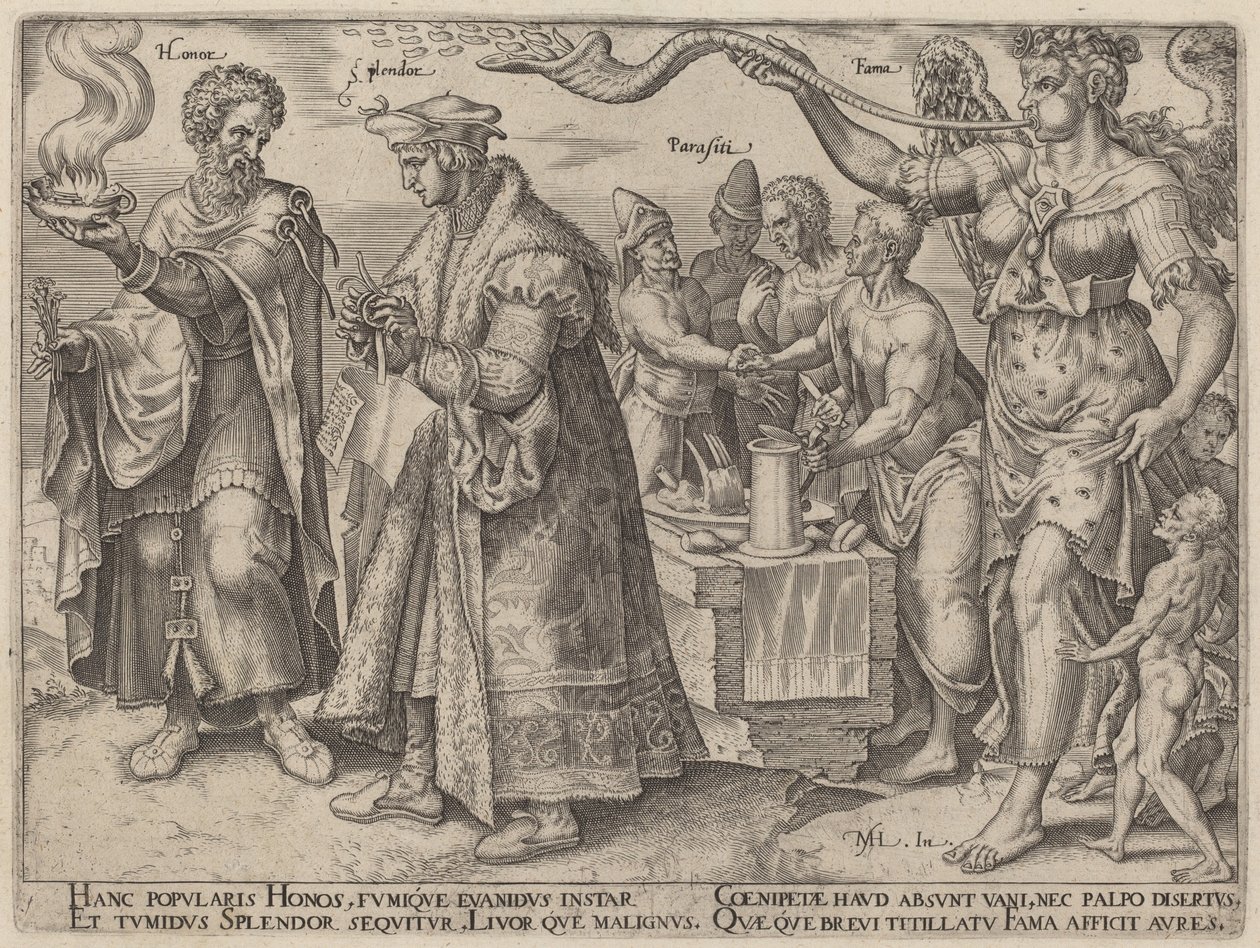 Ære, pragt, parasitter, berømmelse (rigdommens vildledende virkninger) af Philip Galle, after Maerten van Heemskerck