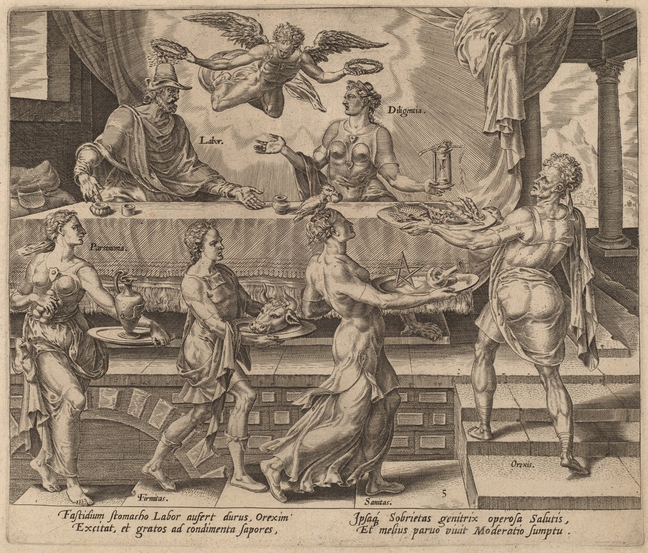 Arbejde og flid nyder deres enkle måltid af Philip Galle after Maerten van Heemskerck