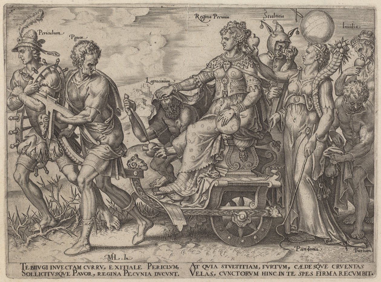 Fare, fattige, røveri, dronning af penge, dårskab, misundelse (farer og laster, der ledsager rigdom) af Philip Galle, after Maerten van Heemskerck