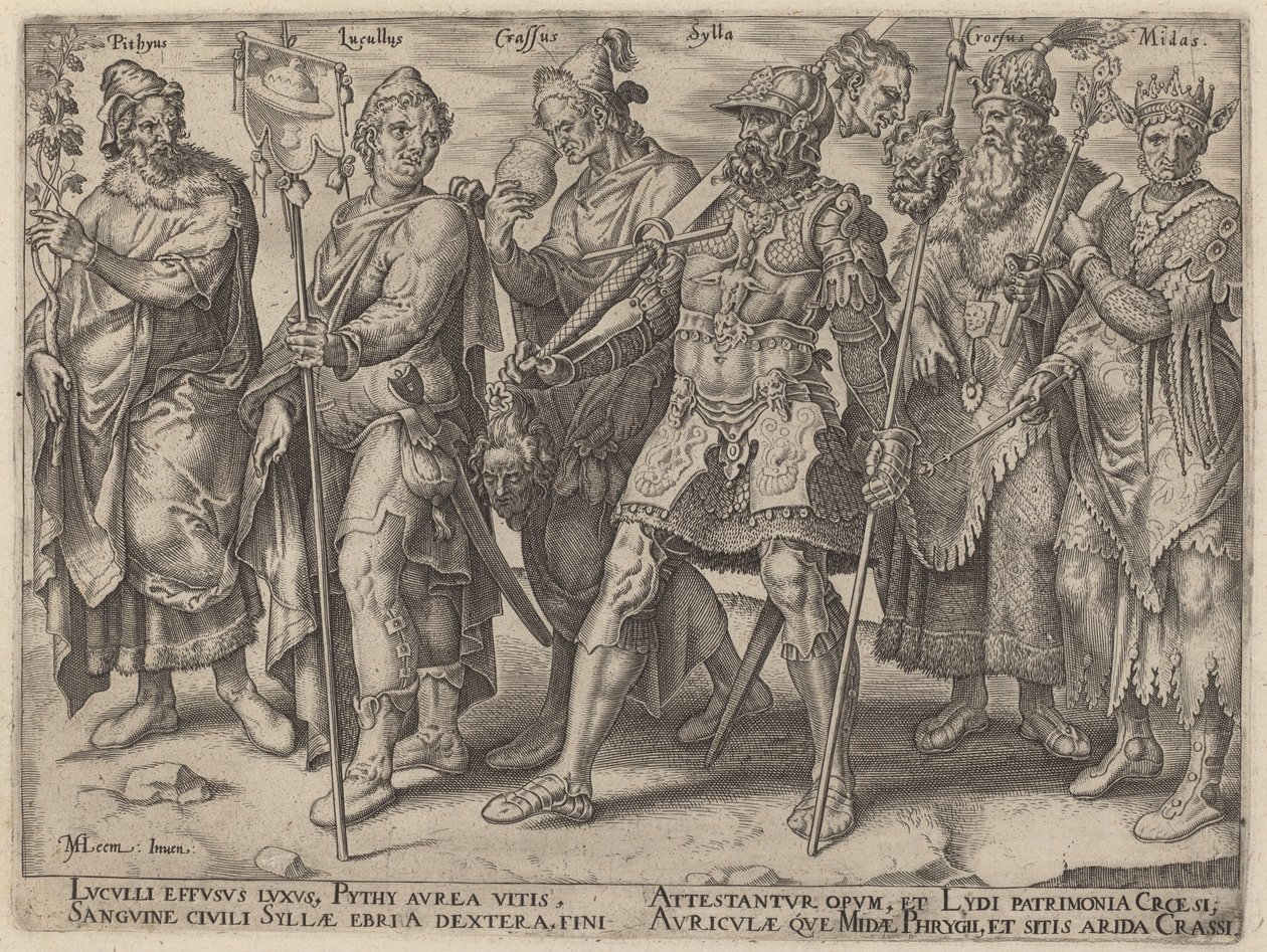 Pythius, Lucullus, Crassus, Sylla, Croesus, Midas (berygtede eksempler på rigdom fra antikken) af Philip Galle, after Maerten van Heemskerck