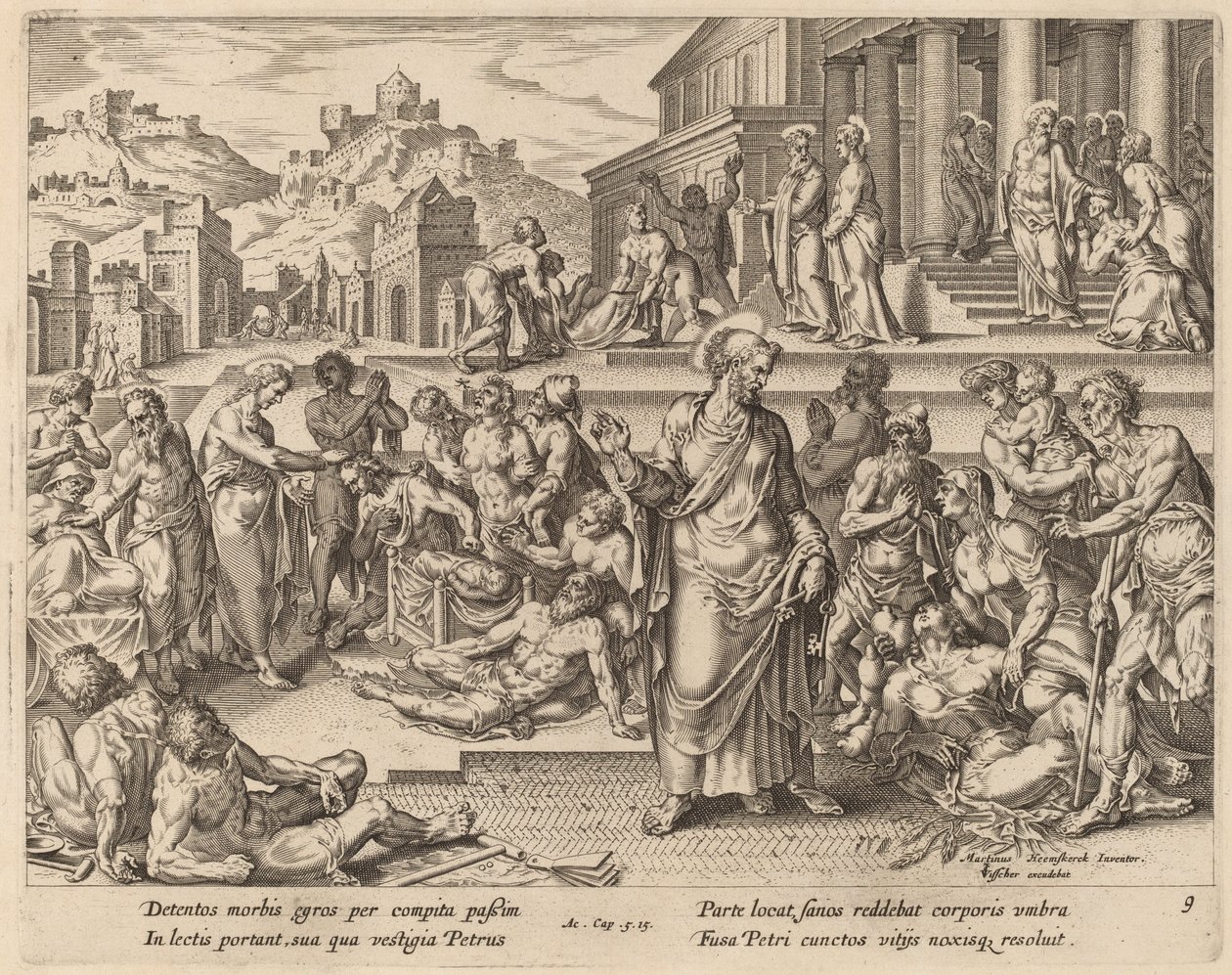 Sankt Peter helbreder de syge med sin skygge af Philip Galle after Maerten van Heemskerck