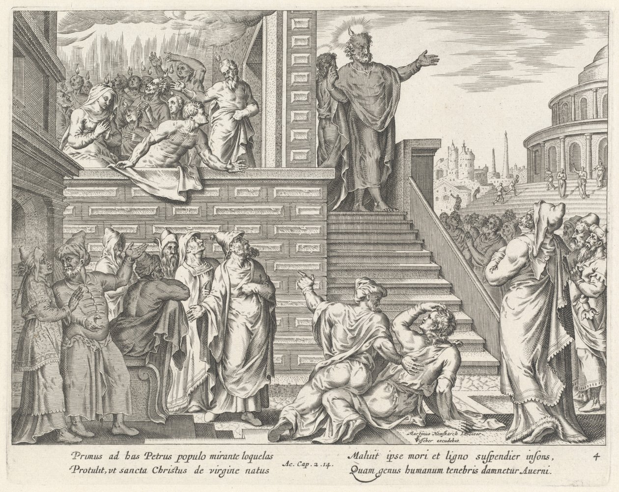 Sankt Peter taler til folket om Kristus af Philip Galle after Maerten van Heemskerck