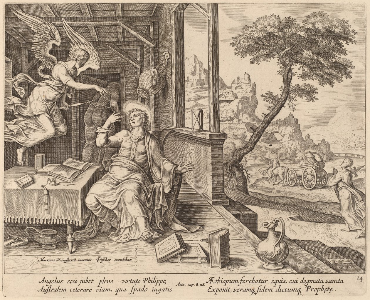 Englen beordrer Sankt Filip til at ledsage den etiopiske eunuk af Philip Galle after Maerten van Heemskerck