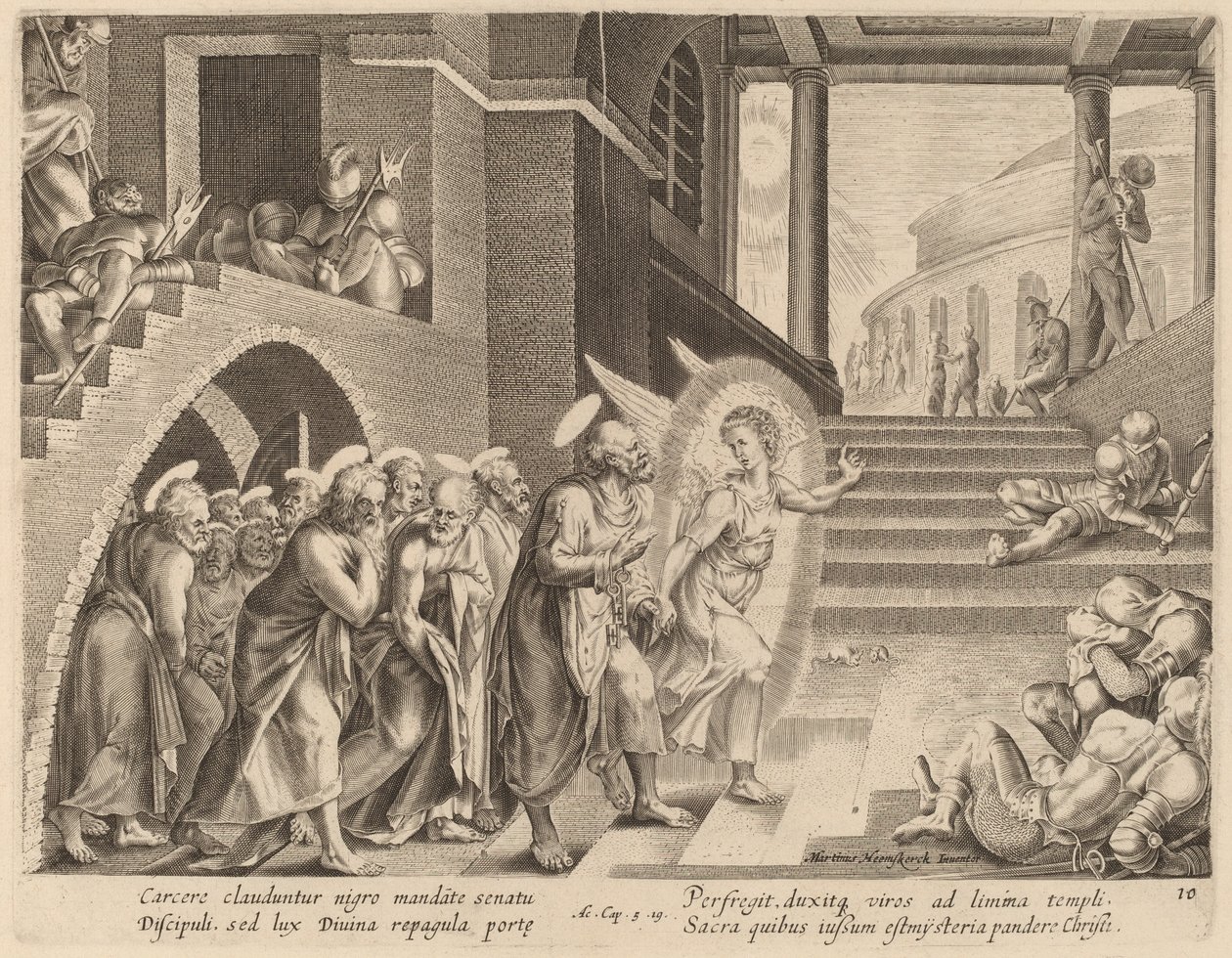 Apostlene udfriet fra fængslet af en engel af Philip Galle after Maerten van Heemskerck