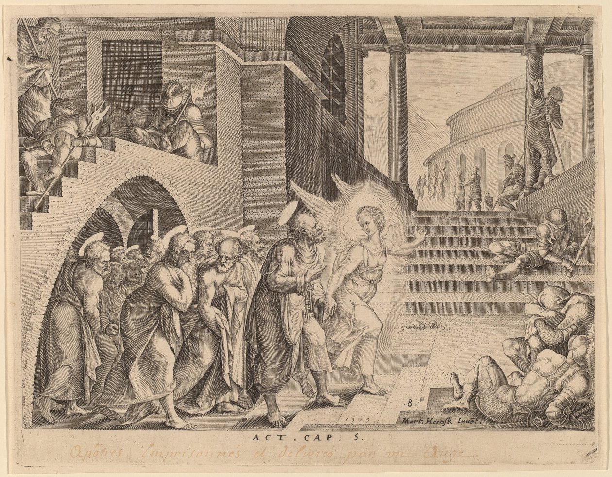 Apostlene udfriet fra fængslet af en engel af Philip Galle after Maerten van Heemskerck