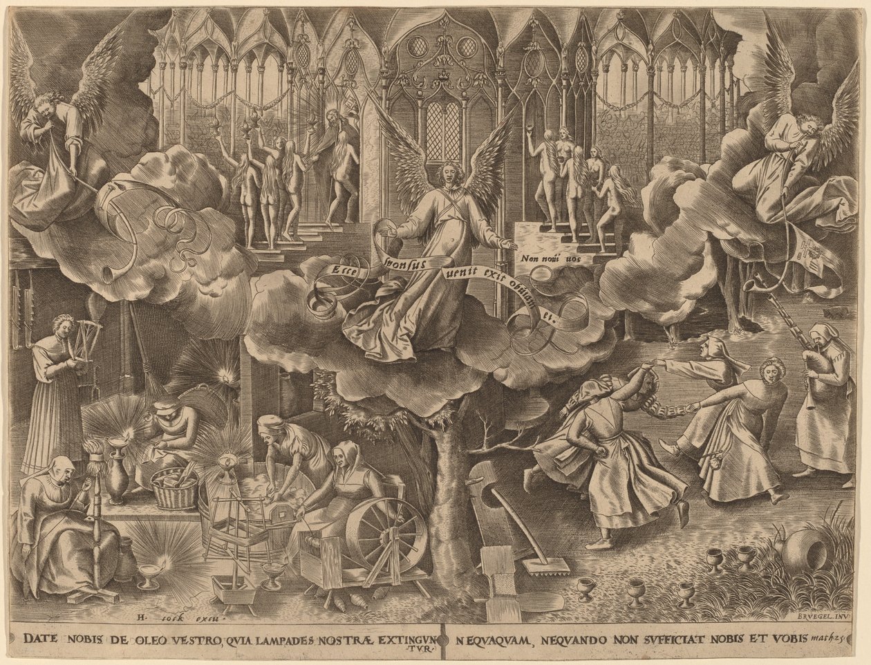 Lignelsen om de vise og tåbelige jomfruer af Philip Galle after Pieter Bruegel the Elder