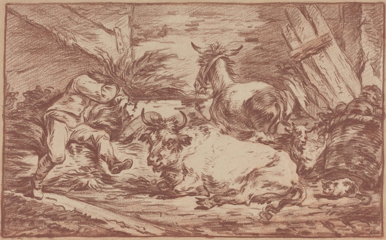 Dyr i en stald (rødt kridt på papir) af Philip James de (1740-1812) Loutherbourg