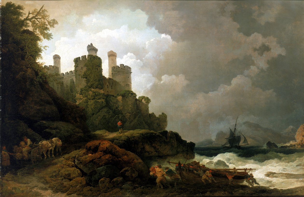 En fiskerbåd trækkes i land nær Conwy Castle (Wales). Olie på lærred, omkring 1800, af Philippe-Jacques (Philippe Jacques) de Loutherbourg (1740-1812). af Philip James de (1740-1812) Loutherbourg