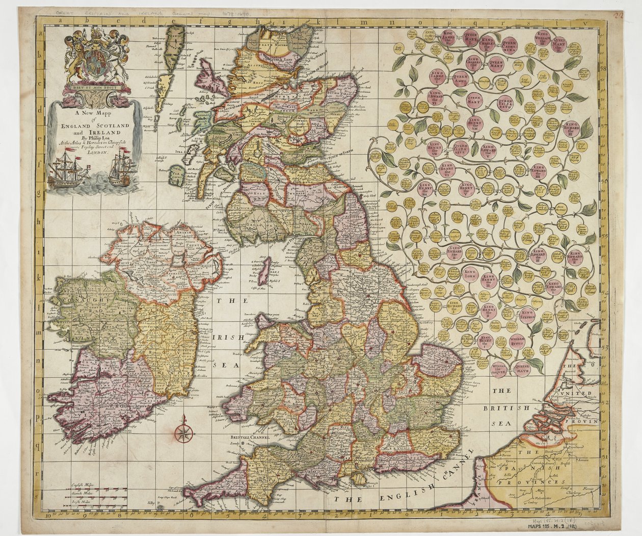 Et nyt kort over England Skotland og Irland, ca. 1690 (farvet indgravering) af Philip Lea