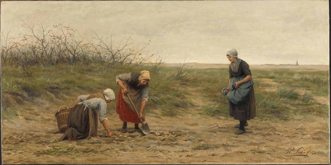 Kvinder fra Scheveningen høster kartofler på en mark af Philip Lodewijk Jacob Frederick Sadee