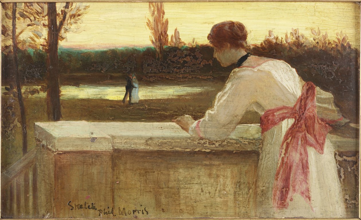 Pige på en balkon ser på et par ved en sø (olie om bord) af Philip Richard Morris