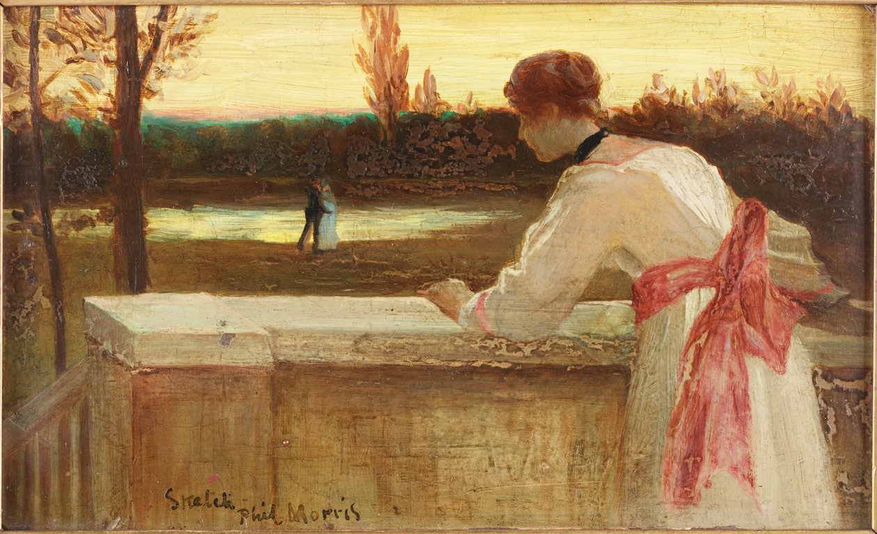 Pige på en balkon ser på et par ved en sø af Philip Richard Morris