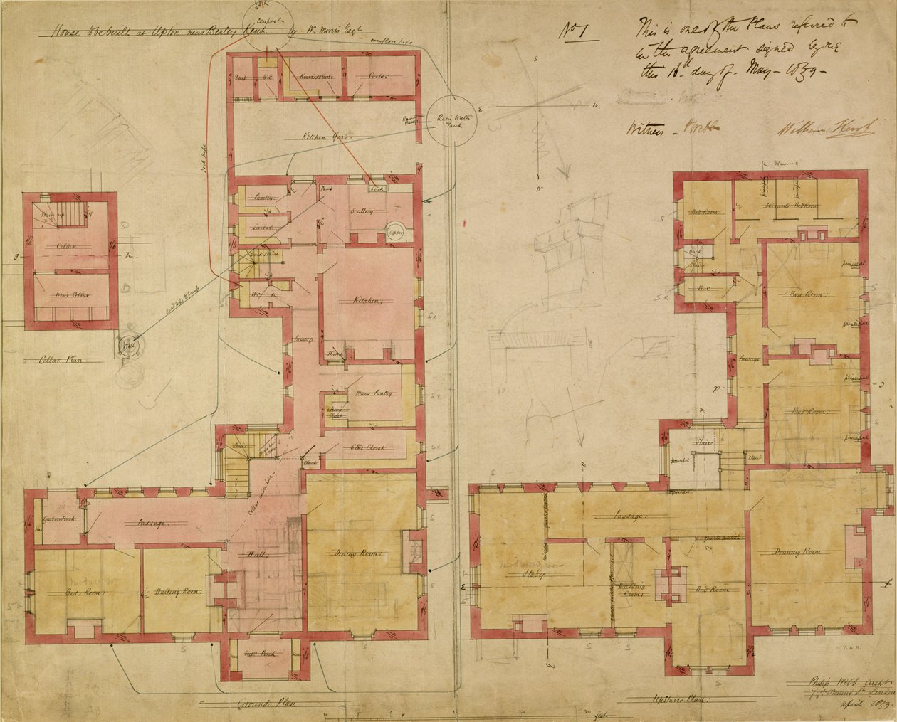 Planer for det røde hus, Bexley Heath, 1859 (pen og blæk og wc på papir) af Philip Webb