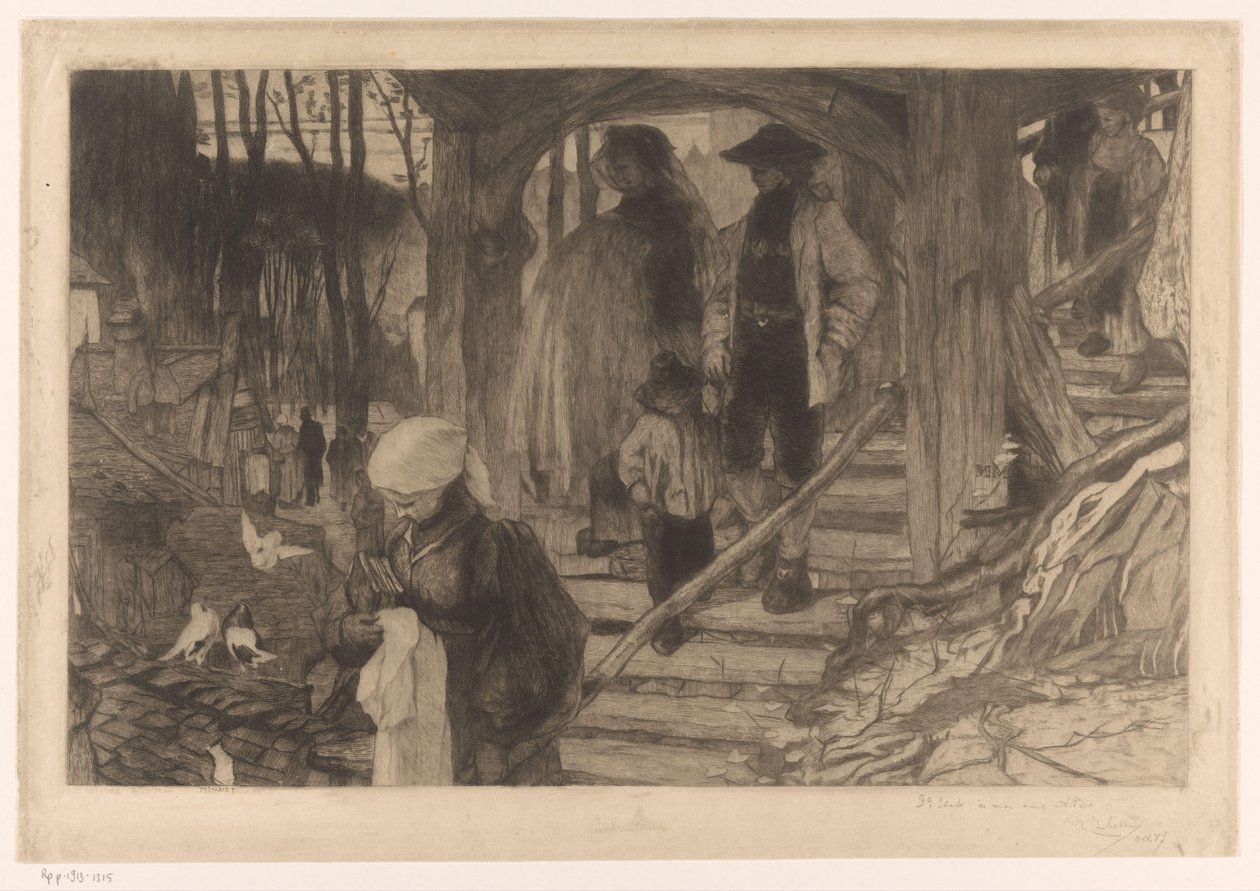 Bønder går ned ad en trappe Baptême à Fribourg (original titel) af Philip Zilcken (signed by artist)