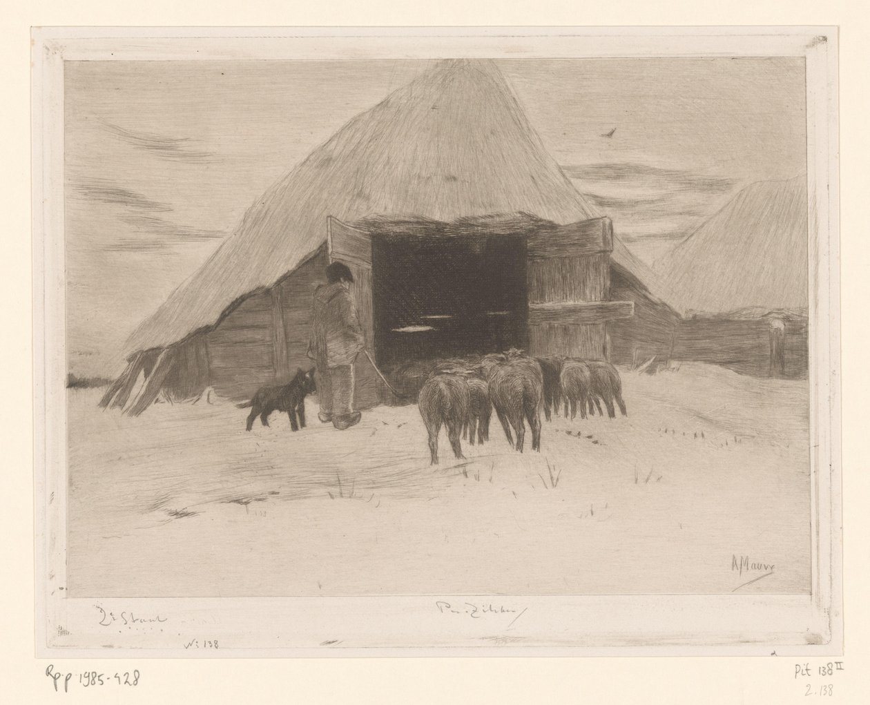 Hyrde fører en flok får ind i en lade Grange dans la neige (original titel) af Philip Zilcken (signed by artist)