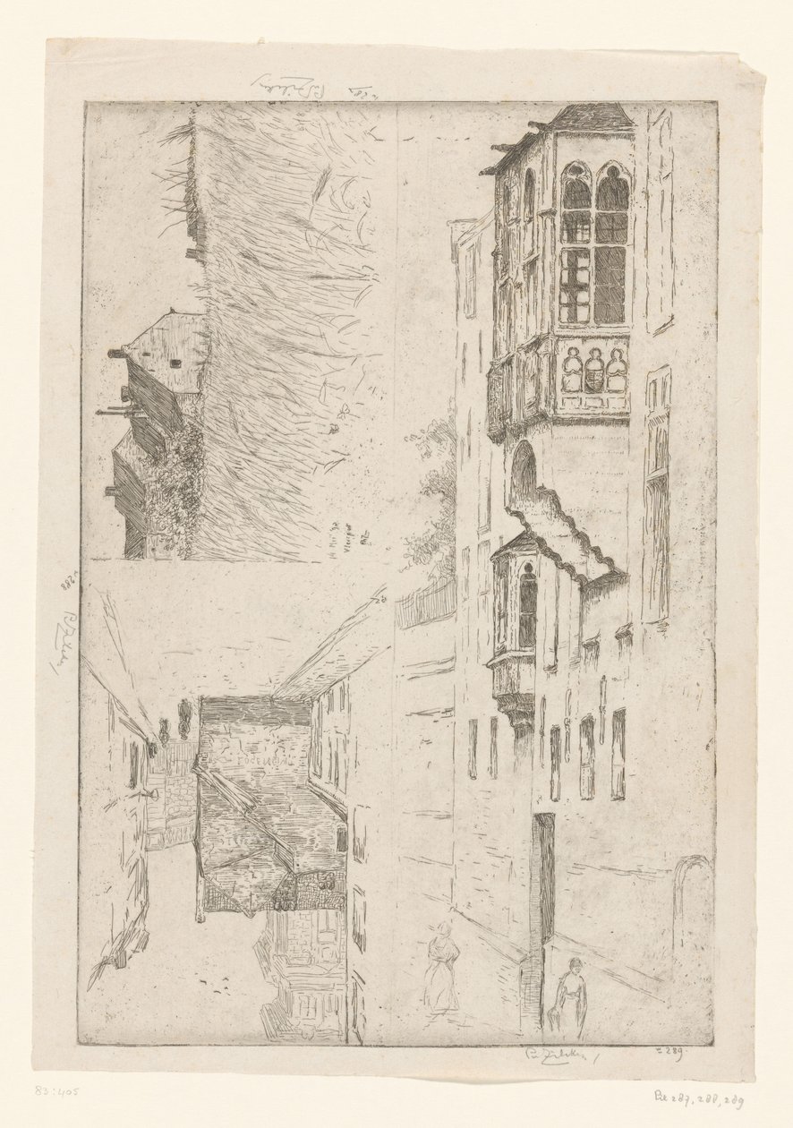 Hvedemark med huse og to udsigter til huse i en by Et Blight hul; Champ de Blé / Rue Haute / Etude de la bretêche de l