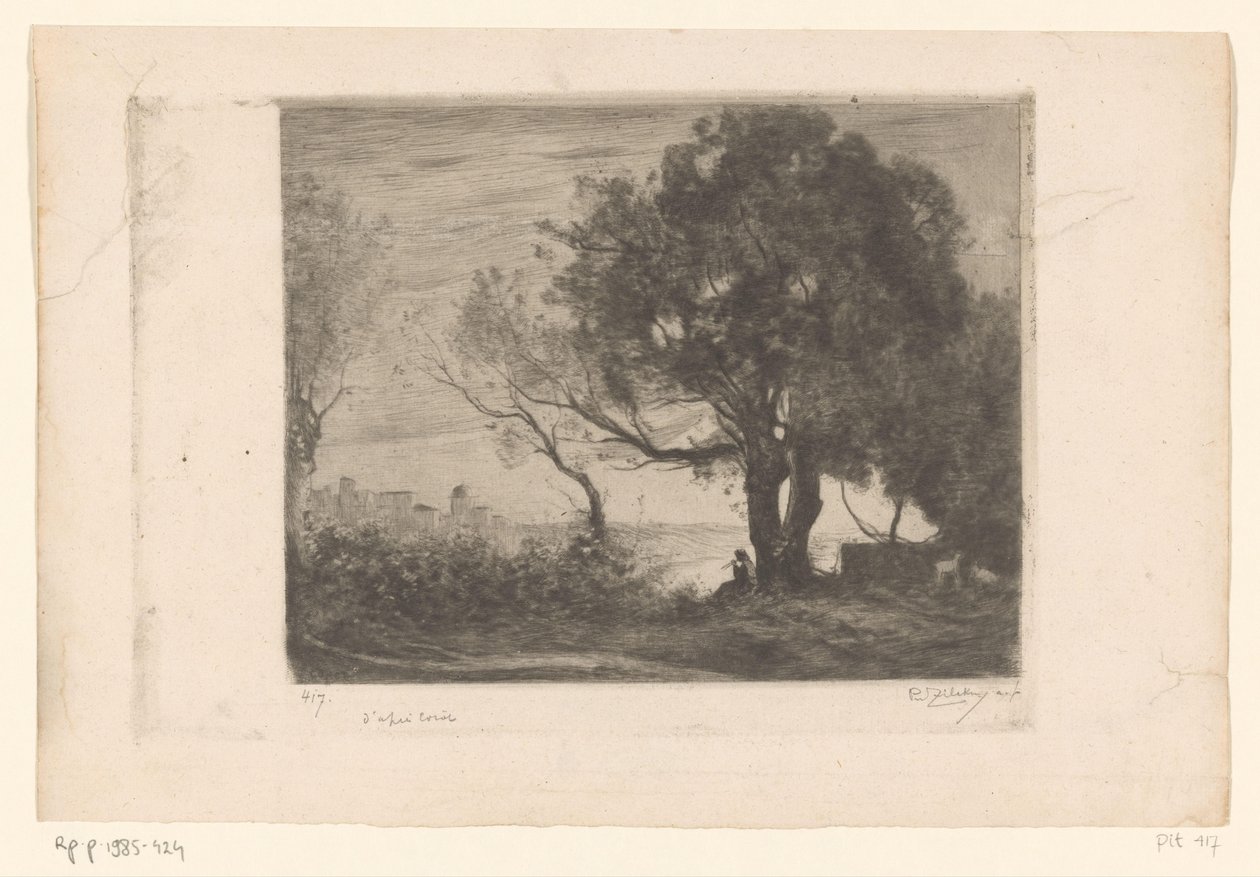 Landskab med en fløjtespiller under et træ og en silhuet af en by Soir (original titel) af Philip Zilcken (signed by artist)