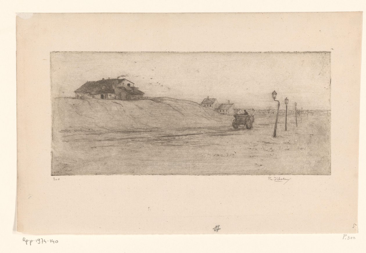 Landskab med huse, lanterner og vogn Banlieue de Bruxelles (original titel) af Philip Zilcken (signed by artist)