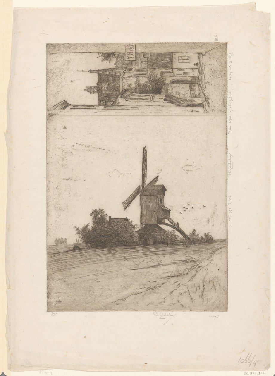 Vindmølle i et englandskab og udsigt i Ravensteinstraat i Bruxelles Vieux moulin a Laeken / Rue Ravenstein (Bruxelles) (original titel) af Philip Zilcken (signed by artist)