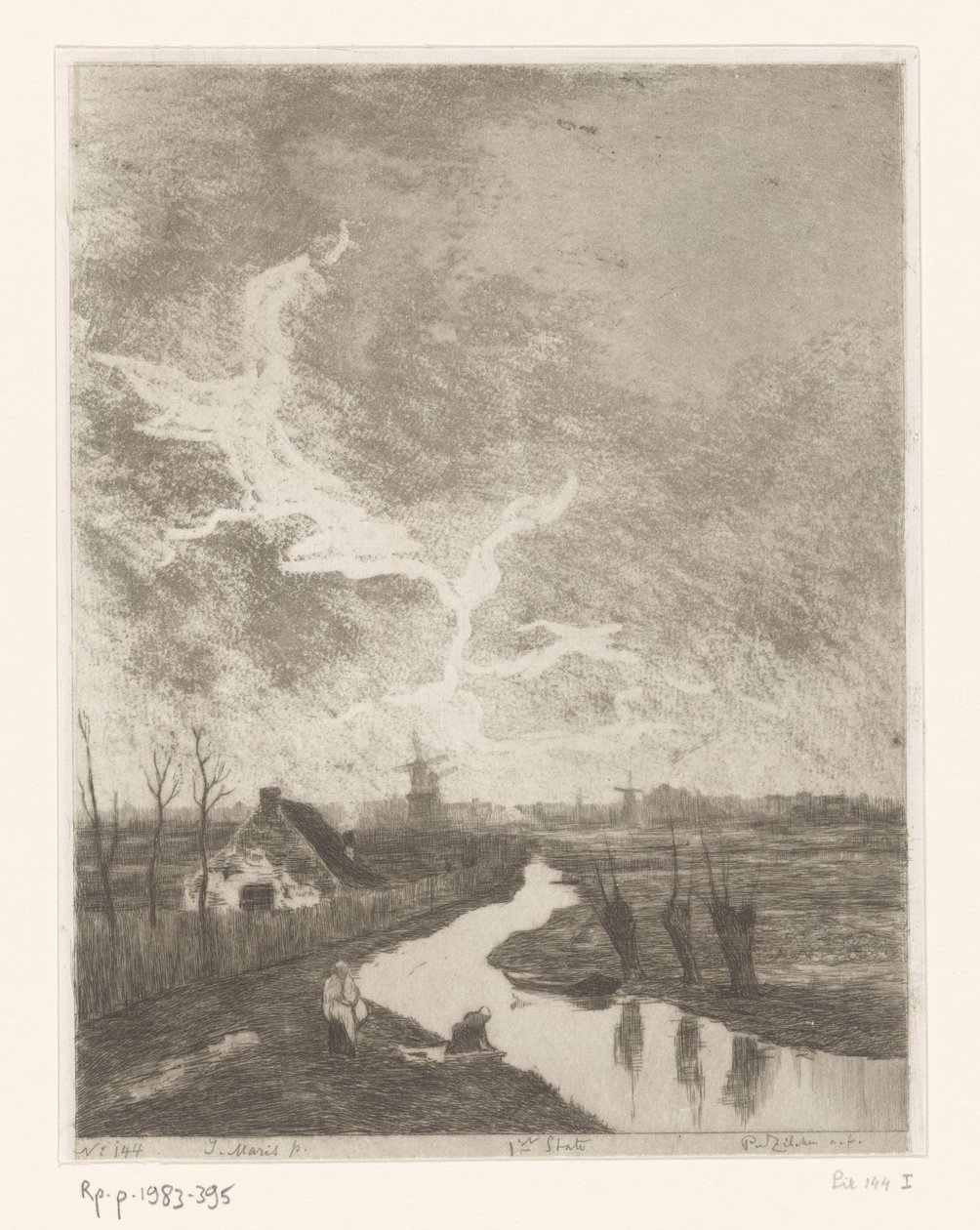 Englandskab med grøft, gård og møller Environs de La Haye (original titel) af Philip Zilcken (signed by artist)