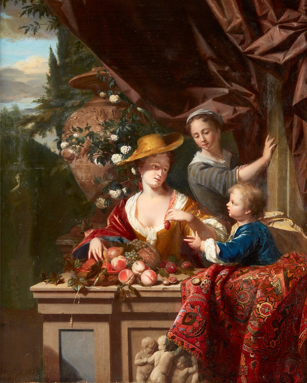 Elegante figurer på en terrasse med skål med forskellige frugter (olie på panel) af Philip van Dyck