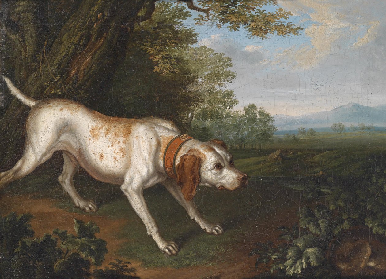 En jagthund, der dufter sit bytte i et landskab af Philipp Ferdinand de Hamilton