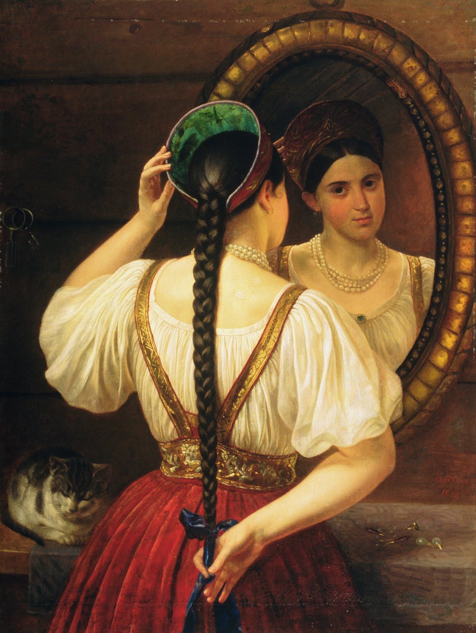 En pige ved spejlet, 1848 af Philipp Osipovich Budkin