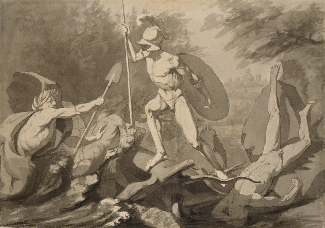 Achilleus-kamp med floden Scamander (pen og sort og grå vask på papir) af Philipp Otto Runge