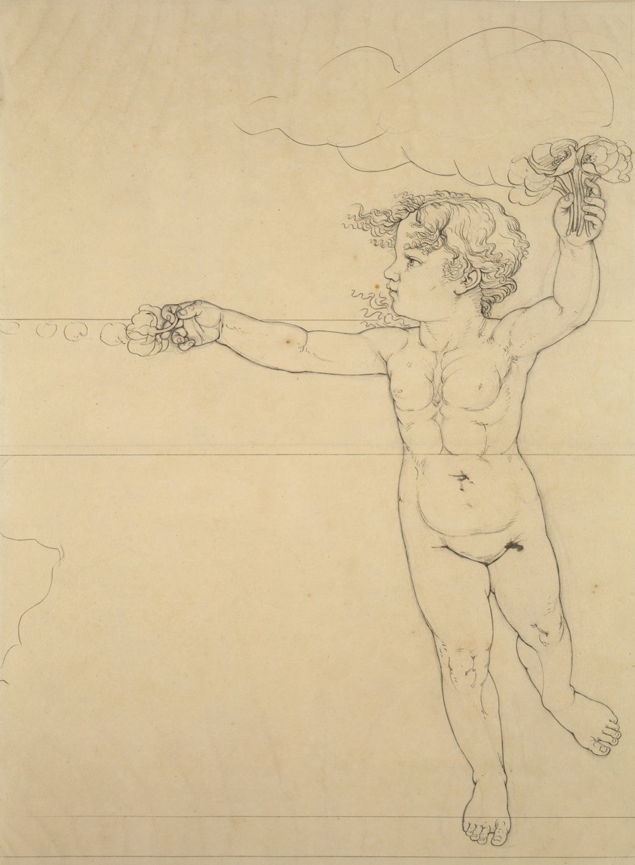 Højre side Genie with a Rose, studie for Morning, 1809 (pen og sort blæk over blyant på papir) af Philipp Otto Runge