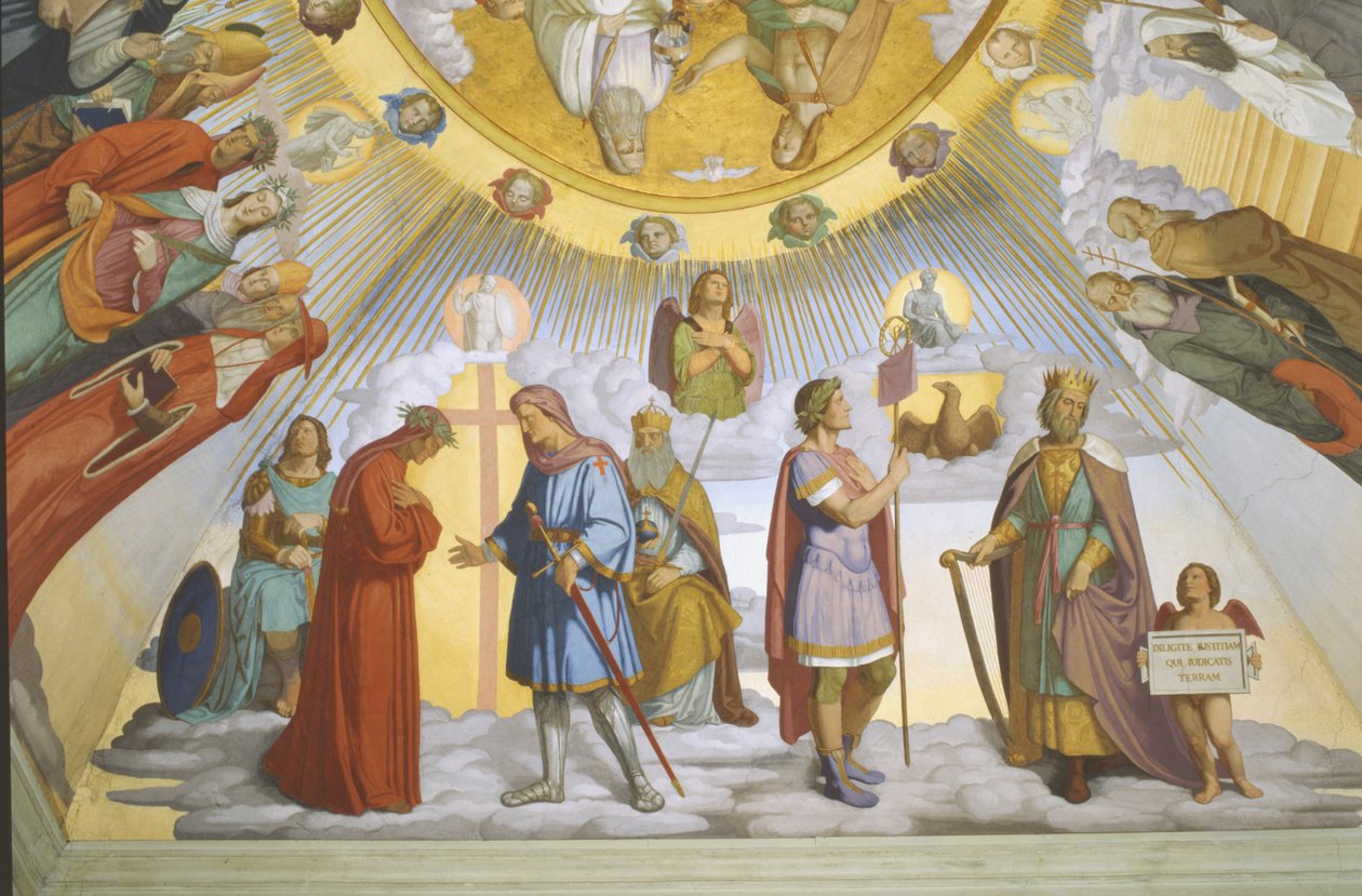 Hvælving i Dantes værelse, detalje: Dante, Beatrice, Kejserinde Constance, Clarissa Piccarda Romeo fra Villanova og kejser Justinian af Philipp Veit