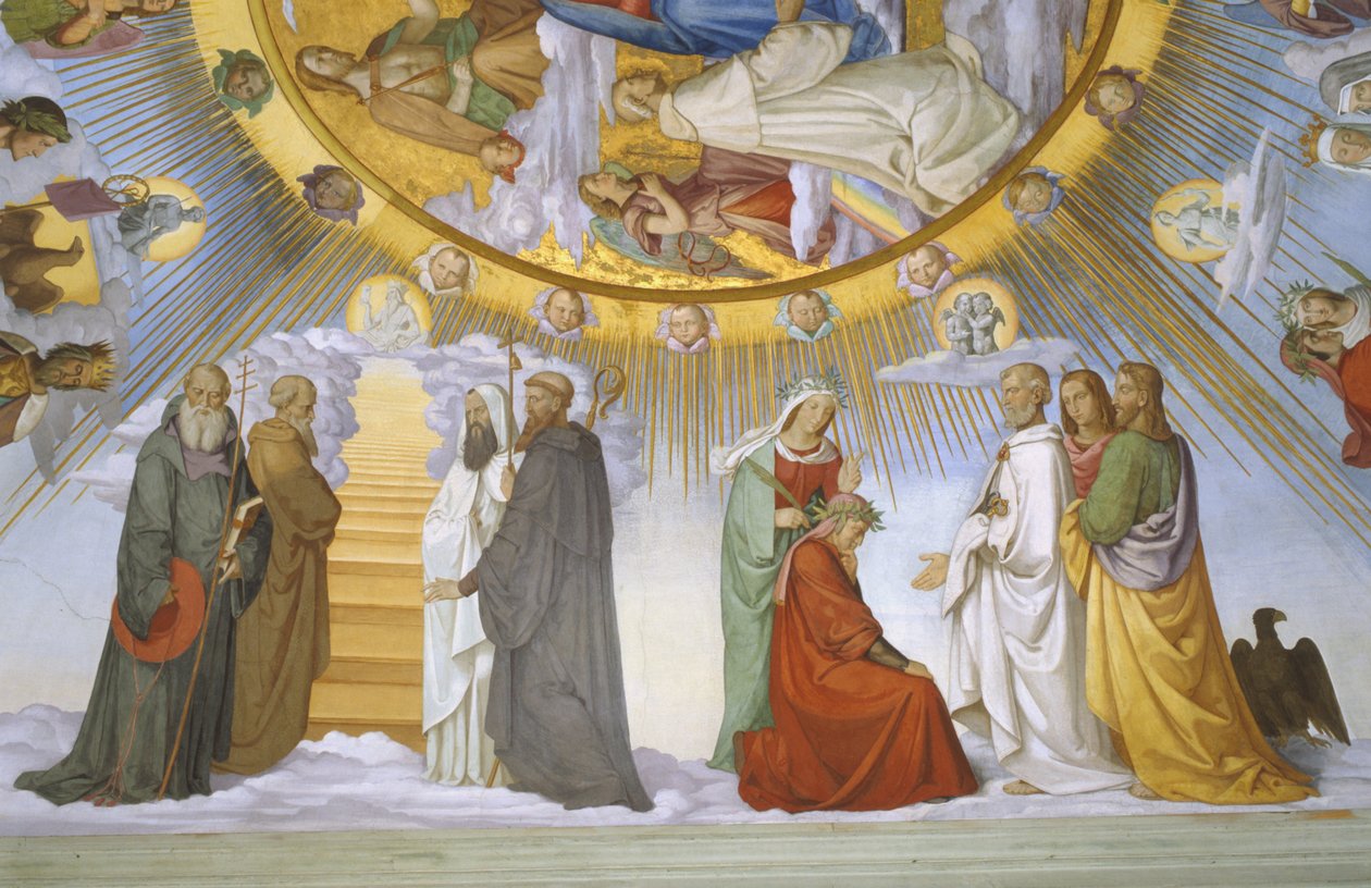 Hvælving i Dantes værelse, detalje: Dante, Beatrice, Kejserinde Constance, Clarissa Piccarda Romeo fra Villanova og kejser Justinian af Philipp Veit