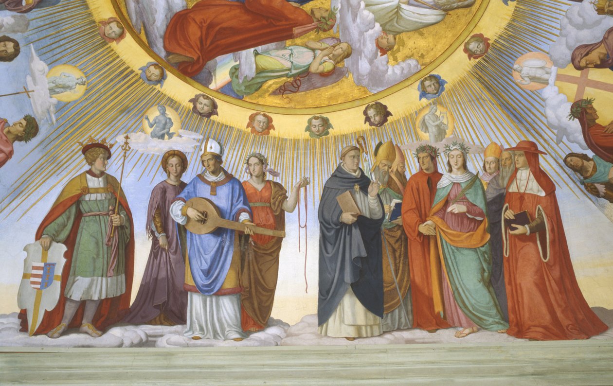 Hvælving i Dantes værelse, detalje: Dante, Beatrice, Kejserinde Constance, Clarissa Piccarda Romeo fra Villanova og kejser Justinian af Philipp Veit