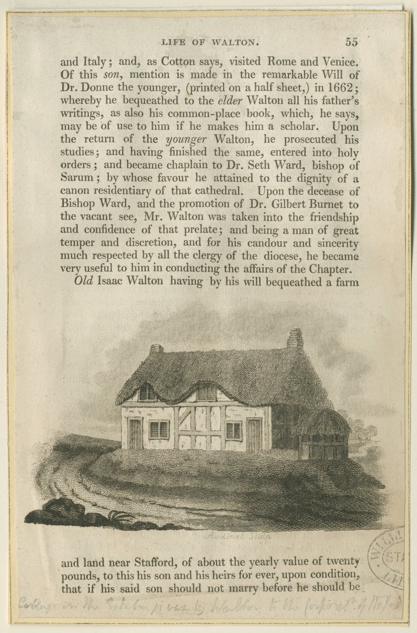 Stafford - Cottage of Isaac Walton: gravering og [?begyndelsen af det 19. århundrede] (tryk) af Philipp Audinet