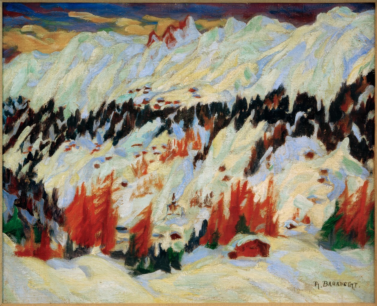 Vinterlandskab nær Davos Frauenkirch, (Vinterlandskab nær Davos Glacis) af Philipp Bauknecht