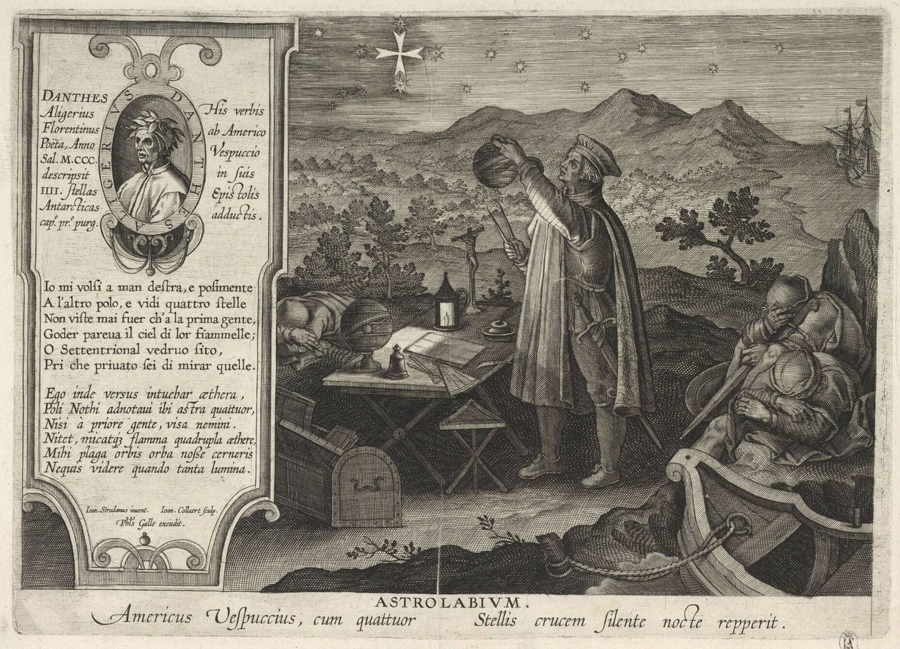 Amerigo Vespucci finder det sydlige kors-konstellation med et astrolabium Americae Retectio, 1591 af Philipp Galle
