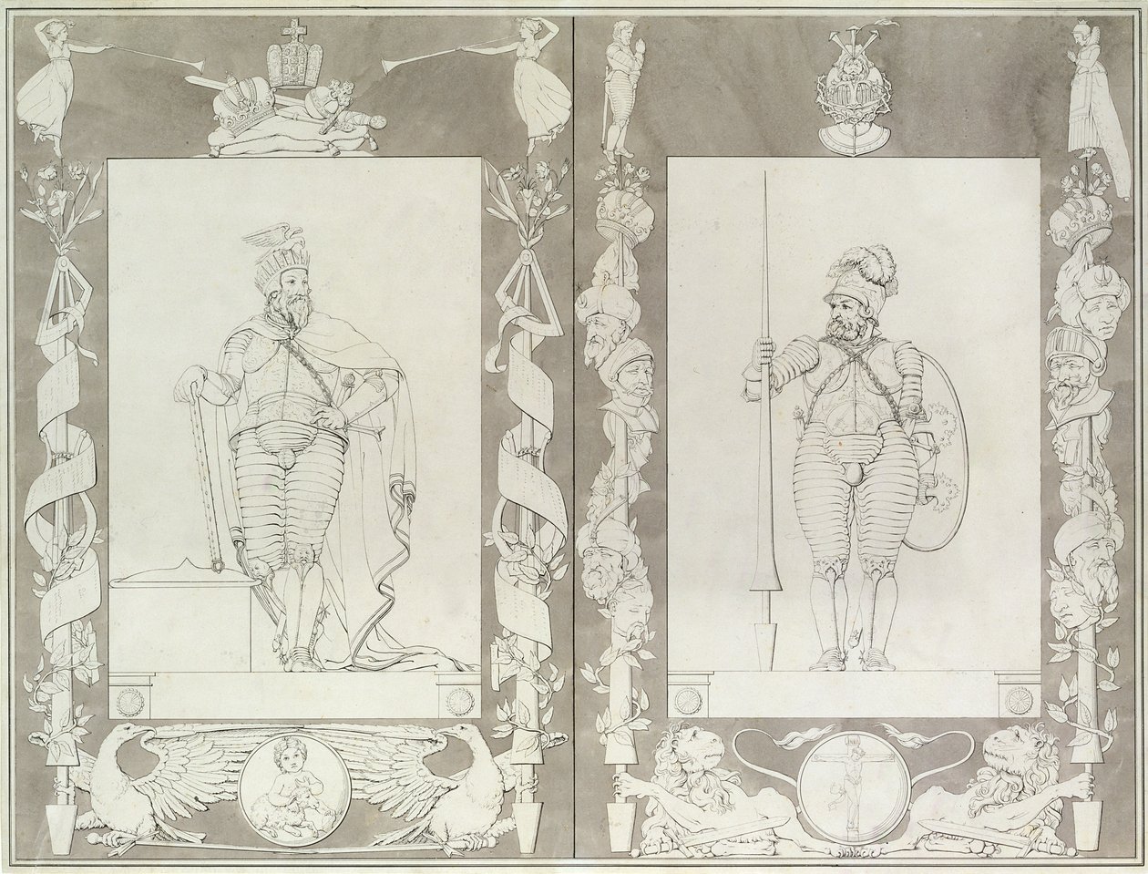Charlemagne (742-814) og Heymon, 1804-5 (pen, blæk og vask på papir) af Philipp Otto Runge