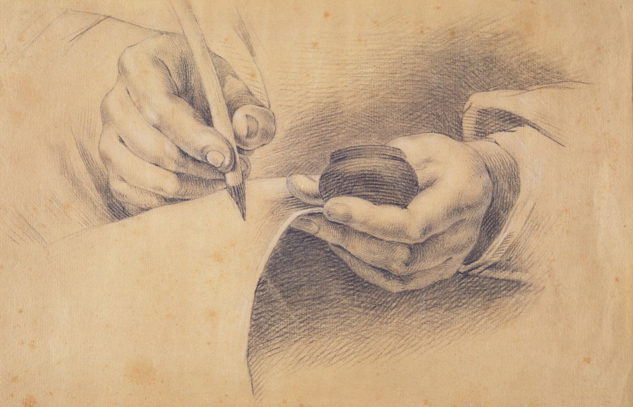 Drawing Hands, 1798 (sort kridt forhøjet med hvidt på brunt papir) af Philipp Otto Runge