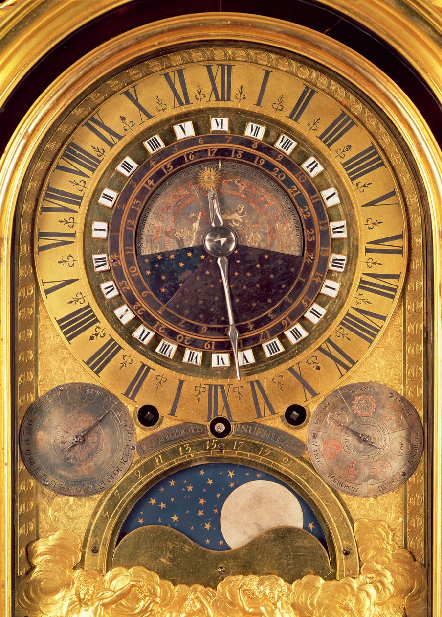 Astronomisk ur lavet til Grand Dauphin Louis af Frankrig (1661-1711) detalje af ansigtet, 1710 (forgyldt bronze) (detalje af 208583) af Philippe and Fardoil, Pierre Caffieri