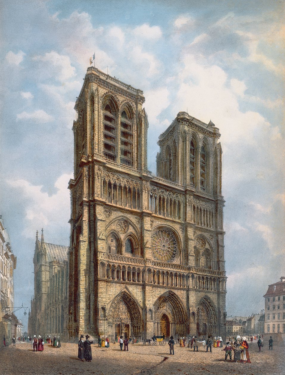 Udsigt over den vestlige facade af katedralen Notre-Dame, Paris, ca. 1840 af Philippe Benoist