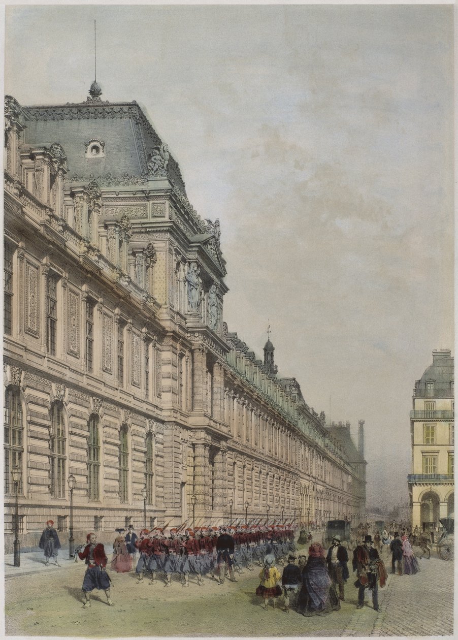Udsigt over Louvres nye facade på rue de Rivoli, illustration fra 