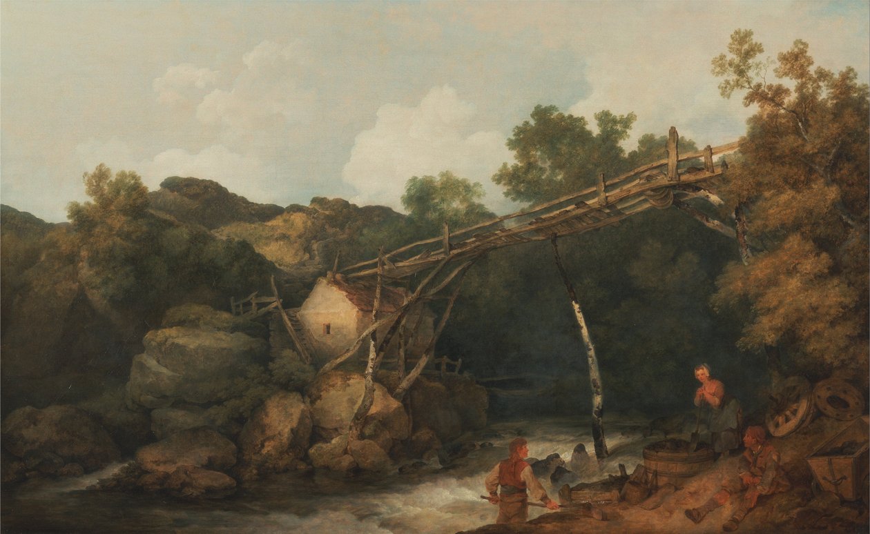 En udsigt nær Matlock, Derbyshire med figurer, der arbejder under en trætransportør af Philippe Jacques de Loutherbourg