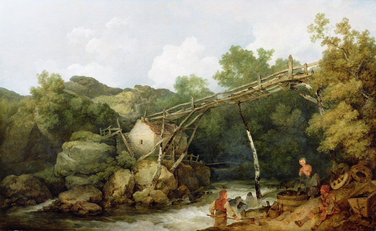 Udsigt nær Matlock, Derbyshire med figurer, der arbejder under en trætransportør, 1785 af Philippe Jacques de Loutherbourg
