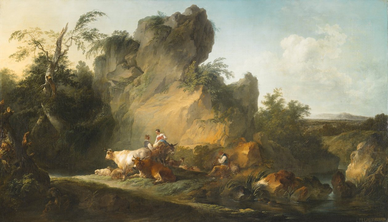 Landskab med figurer og dyr af Philippe Jacques de Loutherbourg
