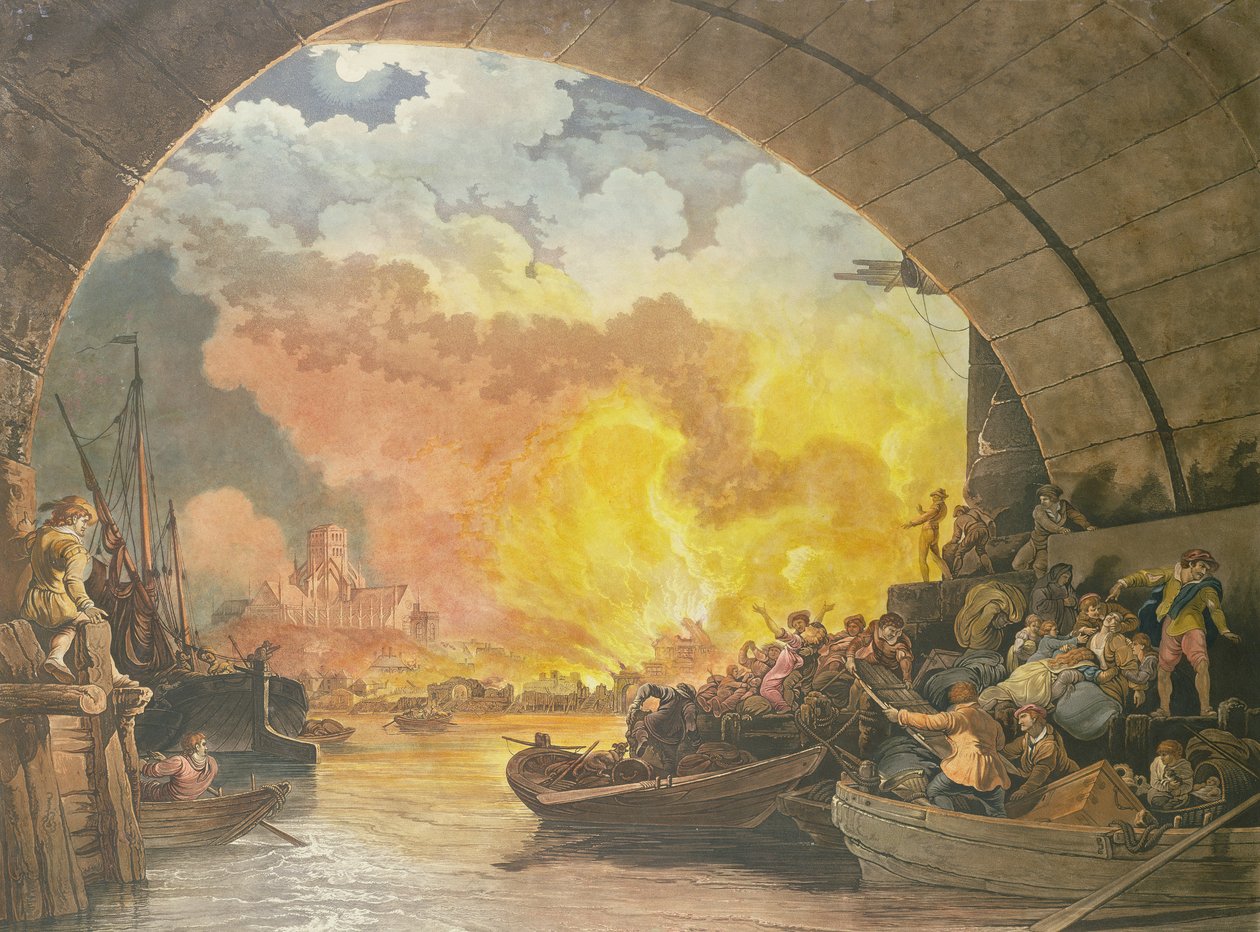 The Great Fire of London, 1799, graveret af J.C. Stadler (fl.1780-1812) (akvatinte) af Philippe Jacques de Loutherbourg