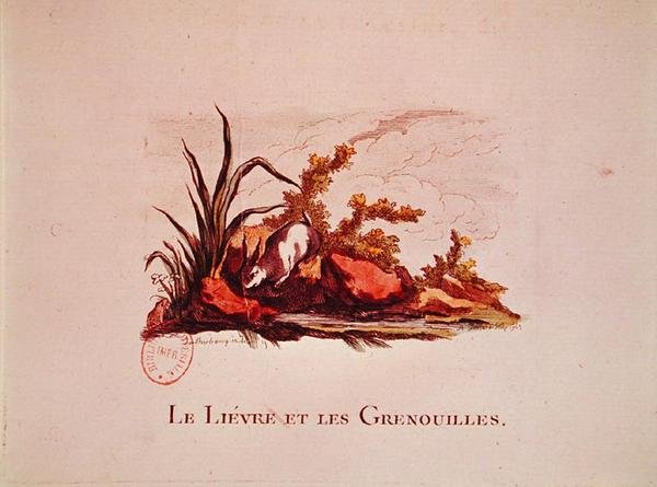 Haren og frøerne, illustration fra fabler af Jean de la Fontaine (1621-95) 1823 af Philippe de after Loutherbourg