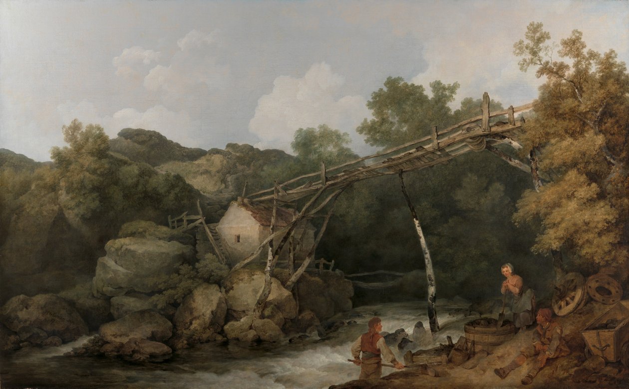 En udsigt nær Matlock, Derbyshire med figurer, der arbejder under en trætransportør af Philippe-Jacques de Loutherbourg
